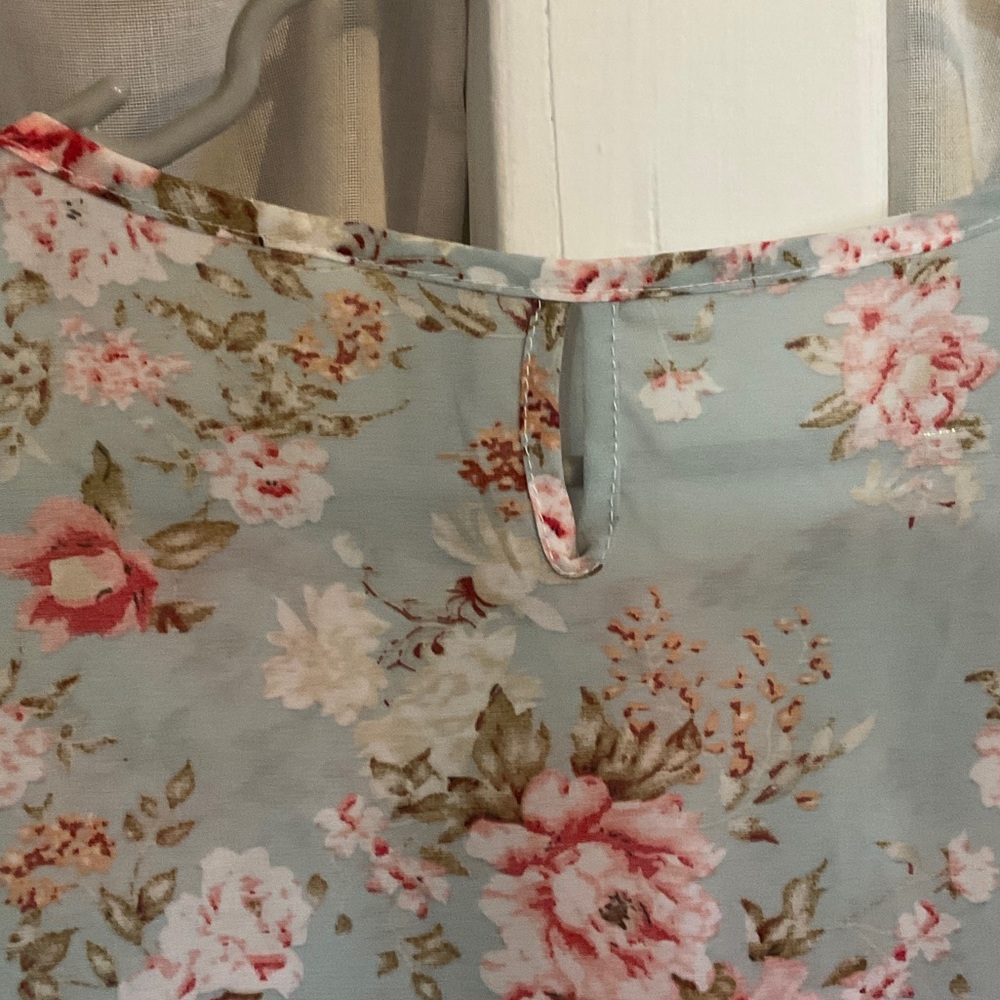 Floral Short Sleeve Blouse - Light Blue with Pink Floral - Picture 3 of 4